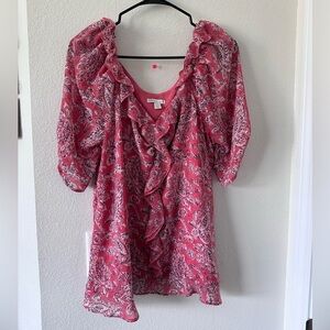 Cato Pink and White Puff Sleeve Ruffled Blouse